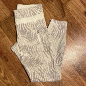 Lululemon Leggings, 25”, White Palm Print, Zipper Pockets, Mesh Stripe